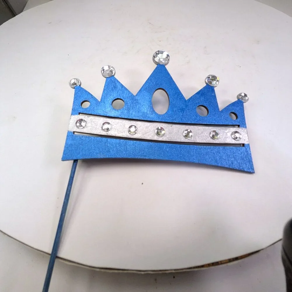Blue Wood Rhinestone Crown Cake Topper & Glitter Striped Gift Box w Satin Bow